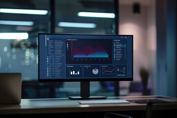 Business graph on computer screen in dark office