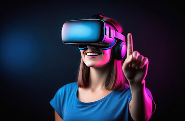 Young smiling European woman wearing virtual reality glasses and touch with her finger to the side.