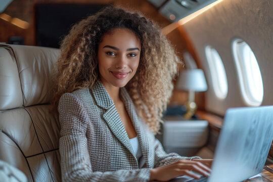 Beautiful business lady seating in a privat jet