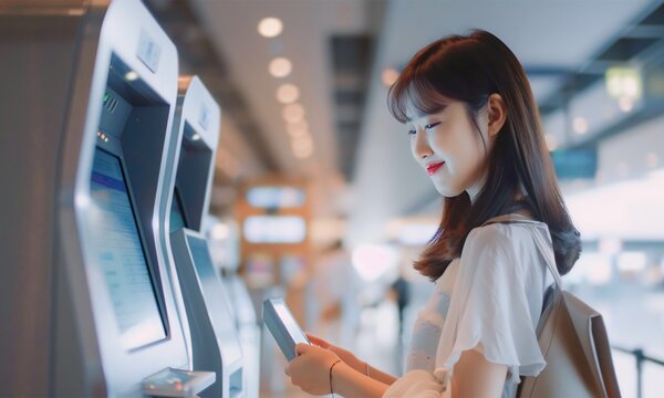 Person using self check-in kiosks in airport terminal. online check in by smartphone via machine at international airport.