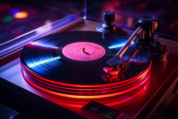 Turntable playing vinyl with blue and pink neon lights. 3d illustration