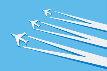 Jets flying in the blue sky with streams and trails behind, simple paper cut vector graphic