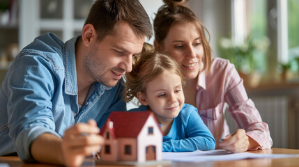 A family looking at a property insurance contract, with a miniature house in the foreground, signifying security and protection, blurred background, with copy space - obrazy, fototapety, plakaty