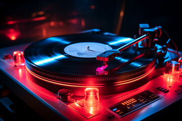 Turntable playing vinyl with blue and pink neon lights. 3d illustration
