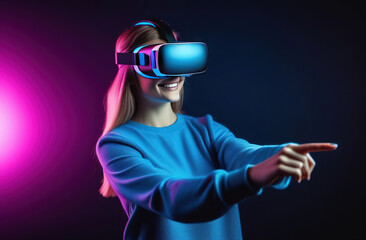 Young smiling European woman wearing virtual reality glasses and touch with her finger to the side.