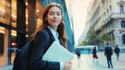 young woman in suit holding a laptop, standing near an office center, actively seeking employment while awaiting job offers and interviews, job seekers, employment, recruitment