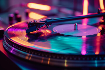 Turntable playing vinyl with red and blue light