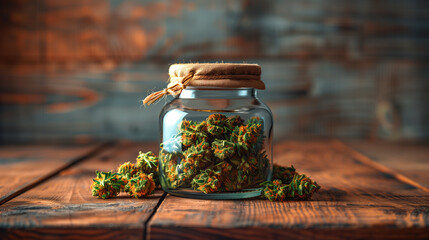 Cannabis buds in a jar, weed advertising - obrazy, fototapety, plakaty