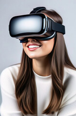 Closeup portrait of young smiling European woman wearing virtual reality glasses. Vr headset.