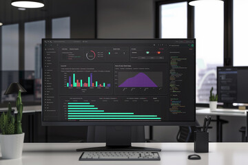 Business graph on computer screen in dark office