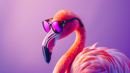 A vibrant flamingo dons chic sunglasses, set against a soft violet background, offering a whimsical and stylish visual feast.

