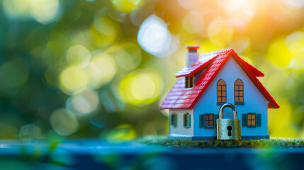 A model house with a padlock, portraying property insurance as a means of securing one's home against risks, blurred background, with copy space