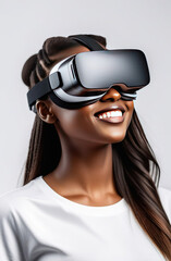 Closeup portrait of young smiling African woman wearing virtual reality glasses. Vr headset.