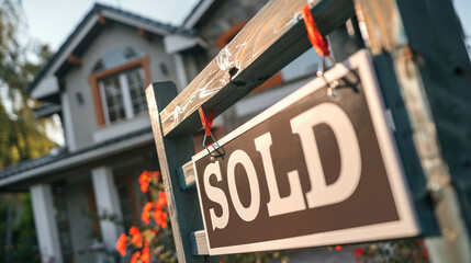 A close-up of a "SOLD" sign with a beautiful house in the background, symbolizing a successful real estate transaction, house with sign "SOLD", blurred background, with copy space