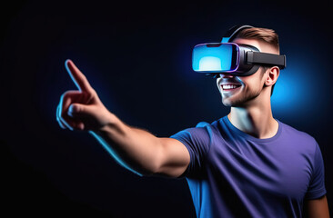 Young smiling European man wearing virtual reality glasses and touch with his finger to the side.