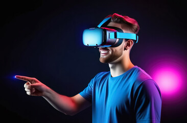 Young smiling European man wearing virtual reality glasses and touch with his finger to the side.