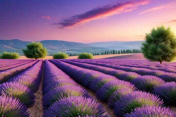 Serene amazing lavender field at sunset. natural backgrounds. Scenic view of tranquil lavender field with colorful sky at sunshine, outdoors. Earth nature concept. Copy ad text space. Generate Ai