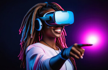 Young smiling African woman with dreadlocks wearing virtual reality glasses and touch with her finger to the side.