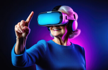 Old smiling European woman wearing virtual reality glasses and touch with his finger to the side.