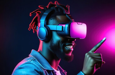 Young smiling African man wearing virtual reality glasses and touch with his finger to the side.