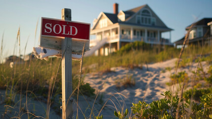 A beachfront property with a "SOLD" sign on the dunes, capturing the allure of coastal living, house with sign "SOLD", blurred background, with copy space