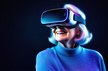 Old smiling European woman wearing virtual reality glasses .