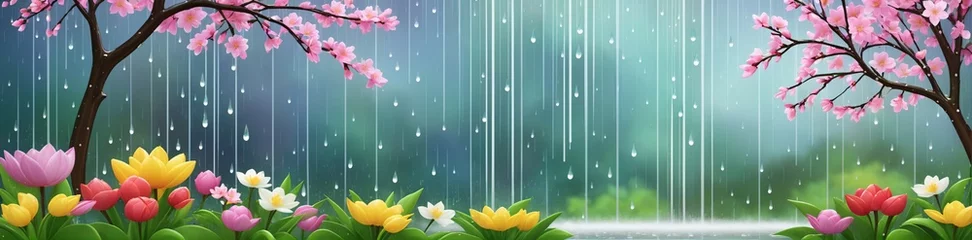 Fotobehang Abstrakte Darstellung von Frühlingsregen, mit Regentropfen,  vor einem Hintergrund von blühenden Blumen und knospenden Bäumen fallen und die verjüngende  Natur des Frühlingsregens vermitteln. © Juergen Baur
