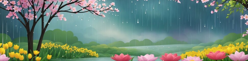 Abstrakte Darstellung von Frühlingsregen, mit Regentropfen,  vor einem Hintergrund von blühenden Blumen und knospenden Bäumen fallen und die verjüngende  Natur des Frühlingsregens vermitteln. - obrazy, fototapety, plakaty
