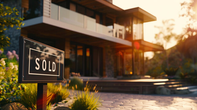 A minimalist home with a simple "SOLD" sign out front, showcasing modern architectural design, house with sign "SOLD", blurred background, with copy space