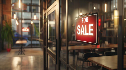 A modern urban loft with a sleek "FOR SALE" sign displayed prominently in the window, house with sign "FOR SALE", blurred background, with copy space