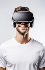 Portrait of young smiling European man wearing virtual reality glasses. Vr headset.