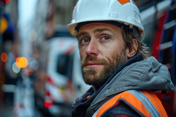 portrait of a worker in an orange helmet and a reflective vest on the background of the city street