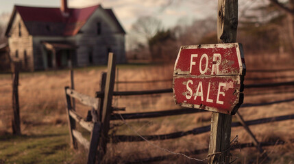 A rustic farmhouse with a vintage "FOR SALE" sign leaning against the wooden fence, house with sign "FOR SALE", blurred background, with copy space