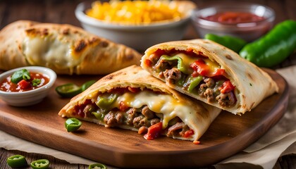 Italian beef and green peppers calzones with melted cheese and salsa dip
 - obrazy, fototapety, plakaty