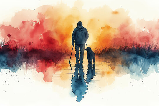 watercolor painting of blind man walking with a guide dog and cane, copy space, orange, red pastel color