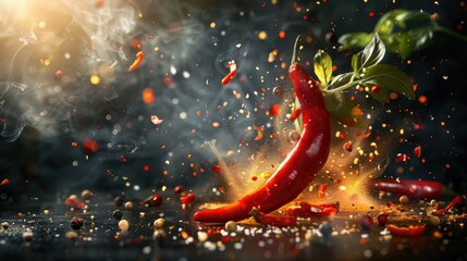 Dynamic explosion of red chili peppers and spices in mid-air, with vibrant flecks of chili powder and seeds suspended against a dark backdrop - obrazy, fototapety, plakaty