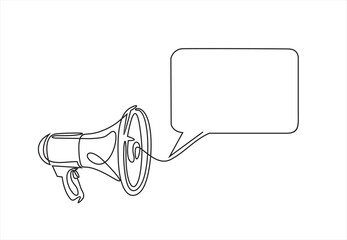 Continuous line one drawing of Speech bubble with megaphone. Vector illustration on white isolated background. Bullhorn speaker business concept.