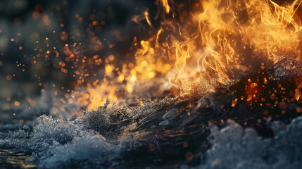 Fire versus water. Battle of the elements, a wave of water covers a strong fire - obrazy, fototapety, plakaty