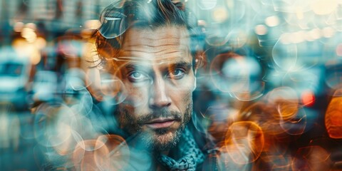 brunette Caucasian man, his hair tousled and charming, takes pleasure in a serene coffee moment within a double exposure image, melding seamlessly with bokeh lights - obrazy, fototapety, plakaty