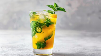Mango mint slice mocktail. Tropical Mango Spritz. An effervescent mango spritz garnished with a vibrant green jalapeño slice and mint leaves, offering a refreshing twist with a spicy kick