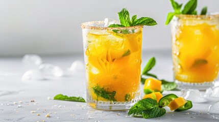 Mango mint slice mocktail. Tropical Mango Spritz. An effervescent mango spritz garnished with a vibrant green jalapeño slice and mint leaves, offering a refreshing twist with a spicy kick