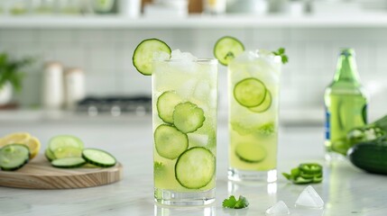 Spice Cucumber Jalapeño Refreshment Mocktail. A trio of cool, crisp cucumber and zesty jalapeño drinks, perfectly iced for a refreshing and slightly spicy summer quencher. Picant cocktail