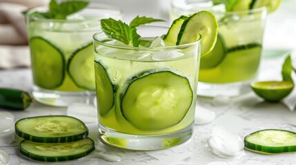 Spice Cucumber Jalapeño Refreshment Mocktail. A trio of cool, crisp cucumber and zesty jalapeño drinks, perfectly iced for a refreshing and slightly spicy summer quencher. Picant cocktail