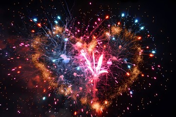 An enchanting display of fireworks forming a giant heart in the night sky, with radiant bursts of color and cascading sparks creating a mesmerizing spectacle of love and celebration.