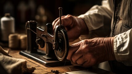 Attendant expertly threads sewing machine emphasizing repair craftsmanship - obrazy, fototapety, plakaty