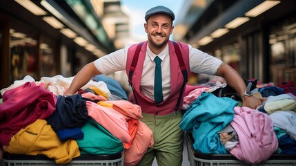 Laundry delivery person with cart of fresh clothes vibrant garment colors