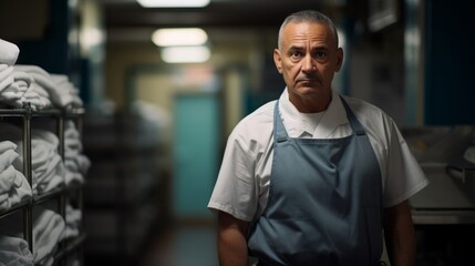 Supervisor overseeing hotel laundry room efficiency with folded linens