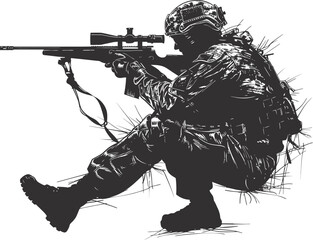 Silhouette sniper in action black color only full body