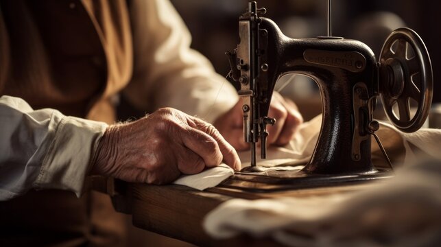 Close-up: attendant threading sewing machine highlighting garment repair skill