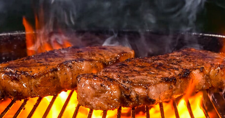 Beef Steak Meat Baked on hot grill with flame. Homemade cooking beef steak for restaurant, menu, advert or package, close up, selective focus